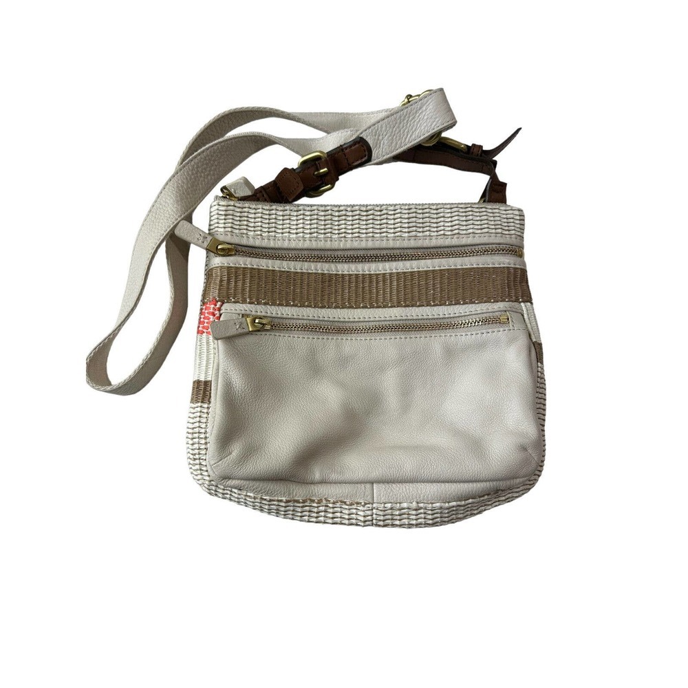 Fossil Crossbody Messenger Bag Saddle Woven Leather Cream Tan Zip Handbag Purse - Picture 3 of 7